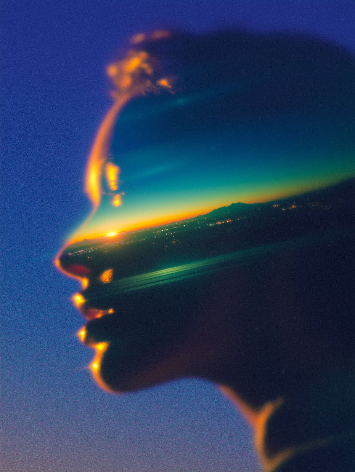 Double-exposure portrait blended with a city skyline at dusk