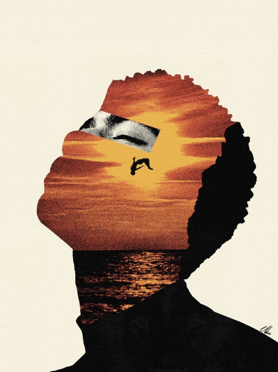 Diver silhouetted inside a sunset seascape shaped like a profile