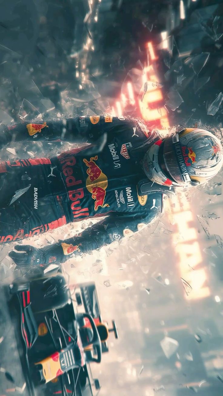 Racing driver in a shattered-glass collage of light and debris