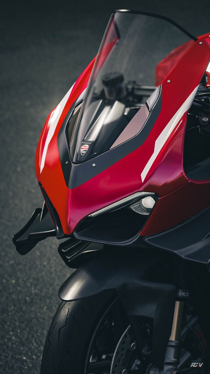 Macro front view of a red Ducati superbike