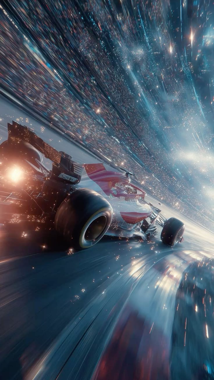 Formula 1 car streaking through a starfield tunnel of light