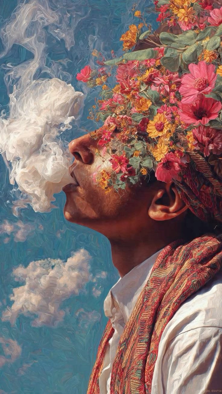 Portrait with a crown of flowers exhaling a plume of smoke into a blue sky