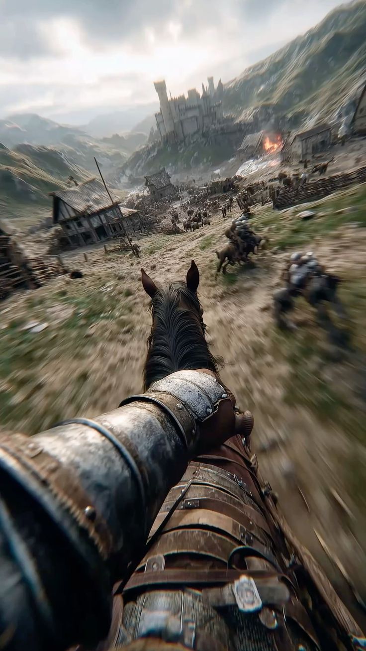 First-person view on horseback charging toward a medieval castle