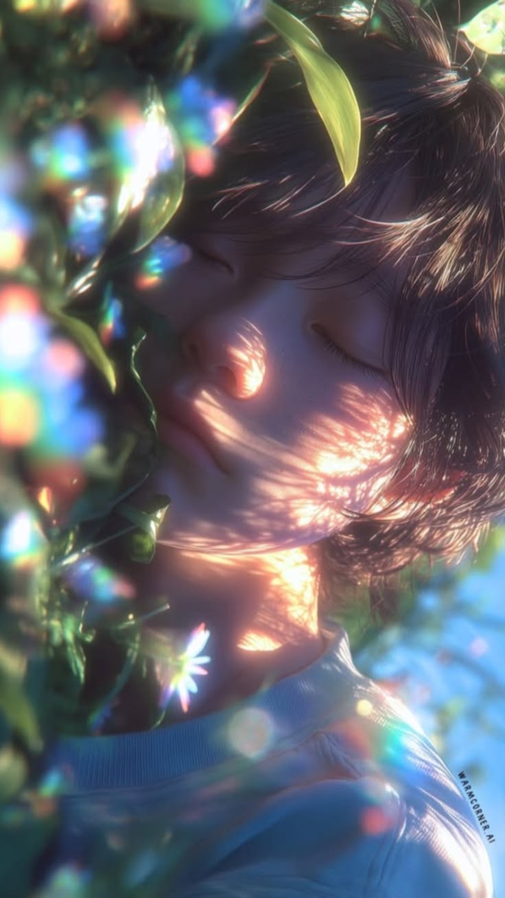 Sunlit portrait framed by leaves and prismatic light