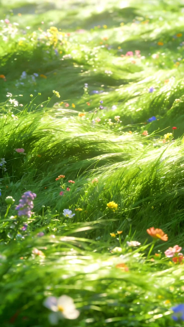 Sunlit meadow of wind-blown grass and wildflowers