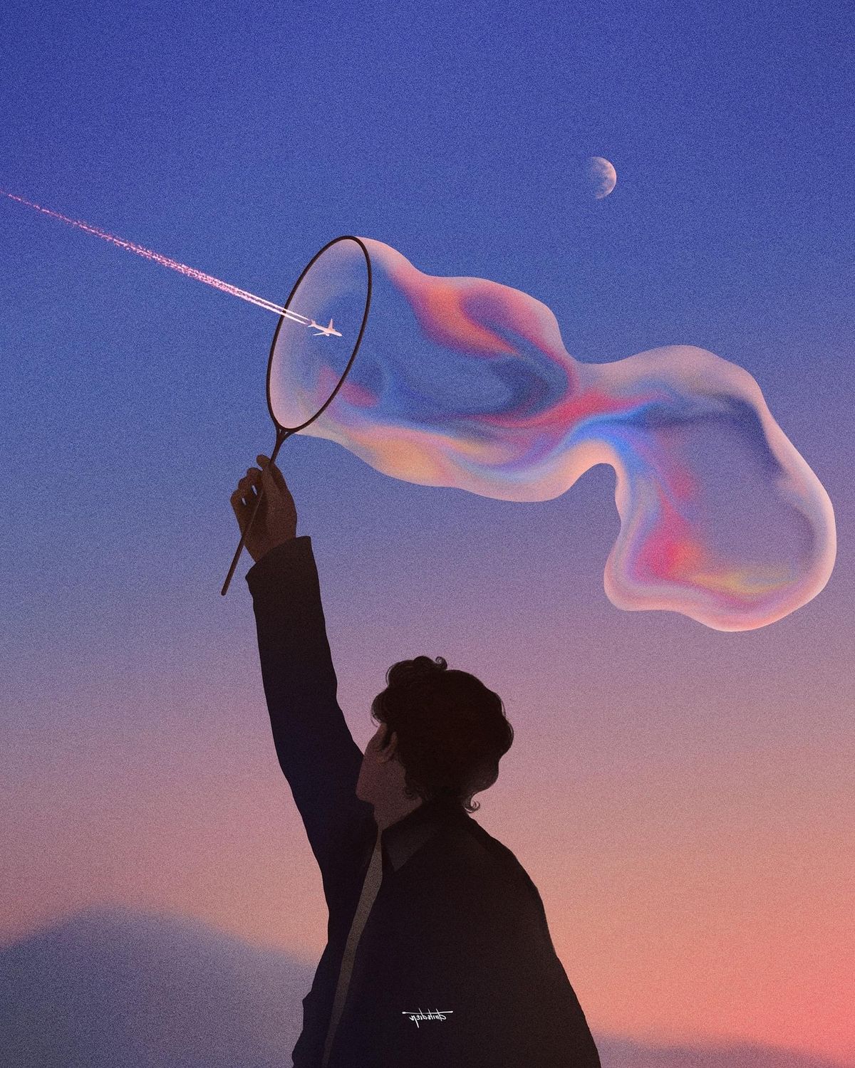 Figure holding a racket that dissolves into a swirling colourful cloud
