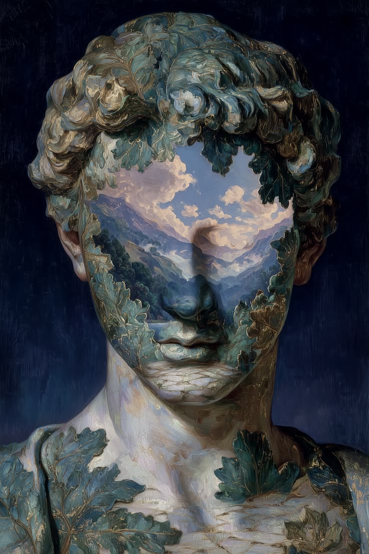 Classical statue whose face opens into a painted mountain landscape